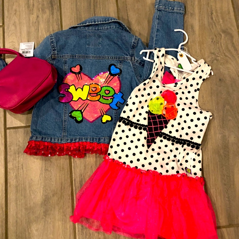 Colorful Polka Dot Dress and Denim Jacket Set